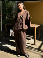 Load image into Gallery viewer, Summer Brown Cotton Linen Loose Pants Sets Fashion V-neck Lace Up Long Sleeve Shirt Suit 2025 New Women&#39;s Casual 2 Piece Outfits