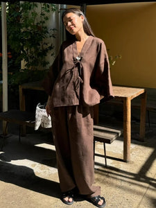 Summer Brown Cotton Linen Loose Pants Sets Fashion V-neck Lace Up Long Sleeve Shirt Suit 2025 New Women's Casual 2 Piece Outfits