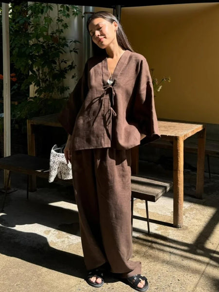 Summer Brown Cotton Linen Loose Pants Sets Fashion V-neck Lace Up Long Sleeve Shirt Suit 2025 New Women's Casual 2 Piece Outfits