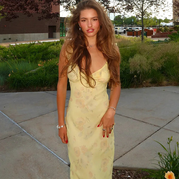 Cryptographic Summer Floral Print Plunge Maxi Dress Outfits Sexy Backless Fairy Sun Dresses Vacation Beachwear Vestido Coquette