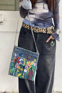 Embroidered Flowers Women Cowboy Shoulder Bag Fashion Chain Ladies Messenger Bags Denim Handbag Personality Trend Student Bag