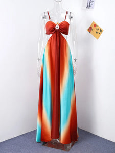 Fashion Gradient Hollow Out Maxi Dress Women Bohemia Spaghetti Strap Sleeveless Backless Beach Dresses Female Vacation Chic Robe