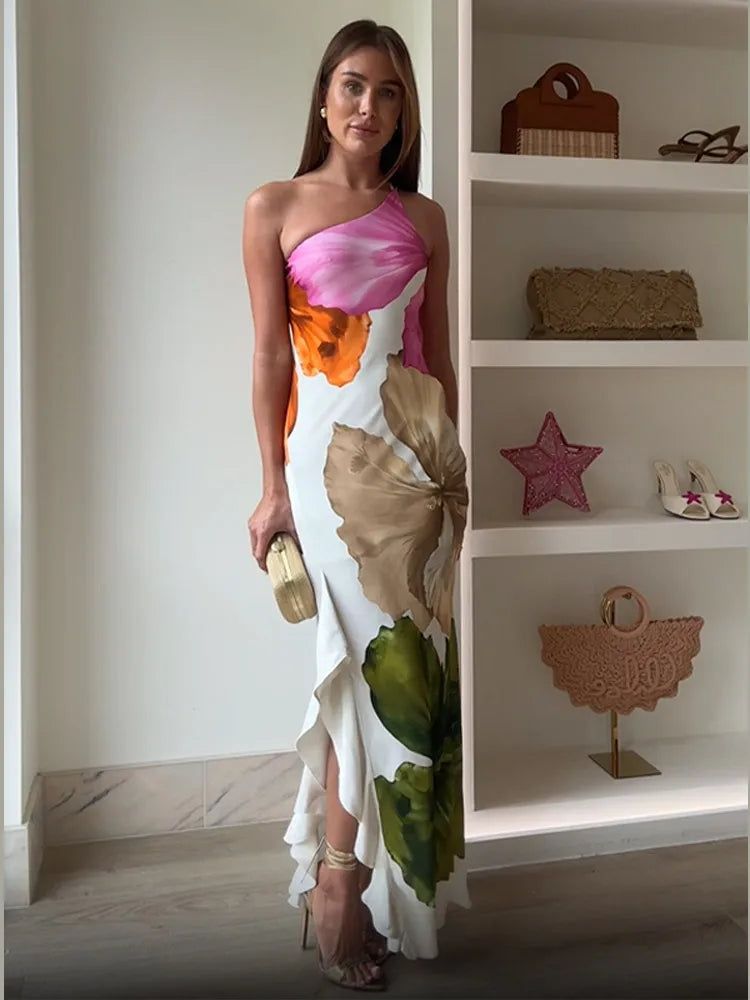 Casual Pleated Printed Strapless Maxi Dress Women Chic Sleeveless High Waist Loose Hem Long Dresses Summer New Lady Party Robes