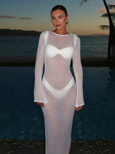 Load image into Gallery viewer, New Summer Solid Maxi Dresses Fashion Long Sleeves Deep Low Neck Back Hollow Out See Through Women Robes 2025 Chic Holiday Wear