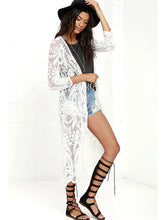 Load image into Gallery viewer, Fitshinling Bohemian White Beach Cover-Up Swimwear Sarong Embroidery Lace Kimono Sexy Transparent Long Cardigan Saida de Praia