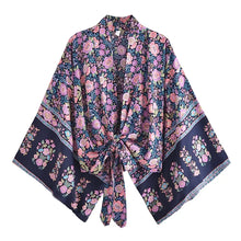 Load image into Gallery viewer, Happie Queens Floral Print Sashes Short  Kimono Women Fashion V Neck Batwing Sleeves Robe Lady Boho Bikini Cover-ups