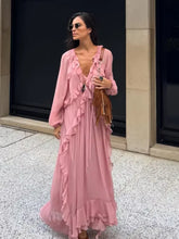 Load image into Gallery viewer, Elegant Solid Multiple Flounces Lace Up Dresses Chic Loose V Neck Full Sleeve Robes New Lady Summer Commute Vacation Gown 2025