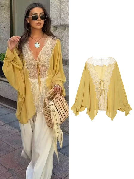 Women Lace Patchwork Lantern Long Sleeve Shirt Top Tie-up Loose Sheer Blouse Elegant Irregular High Street Fashion Lady