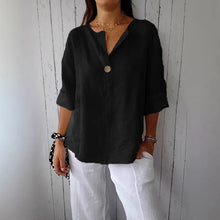 Load image into Gallery viewer, Summer Cotton Linen Blouses For Women 2025 Plus Size V-Neck Button Tee Shirts Casual Half Sleeve Black Tops Loose Women T Shirt