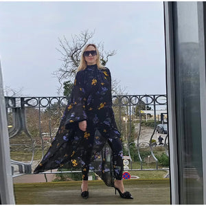 Elegant Printed Boho Long Dresses Women Loose Chic Turtleneck Lantern Sleeve Floral Robes 2025 Spring Summer Lady Vacation Dress