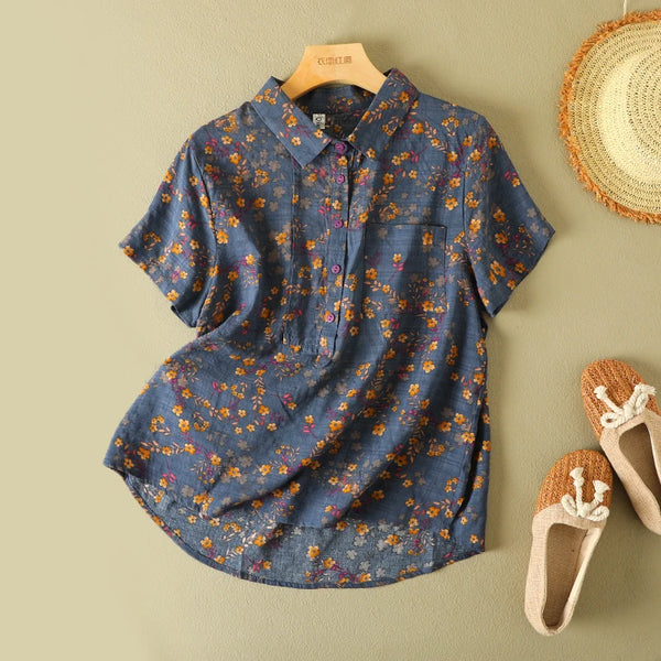 Vintage Floral Print Women's Shirt Summer Fashion Short Sleeve Pocket Loose Casual Blouse Female Comfortable Soft Thin Daily Top