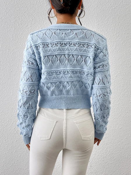 2026 New Autumn Women V-neck Knitwears Long Sleeve Knitted Sweaters Hollow Out Embroidery Single Breasted Short Cardigans Tops