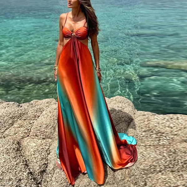 Fashion Gradient Hollow Out Maxi Dress Women Bohemia Spaghetti Strap Sleeveless Backless Beach Dresses Female Vacation Chic Robe