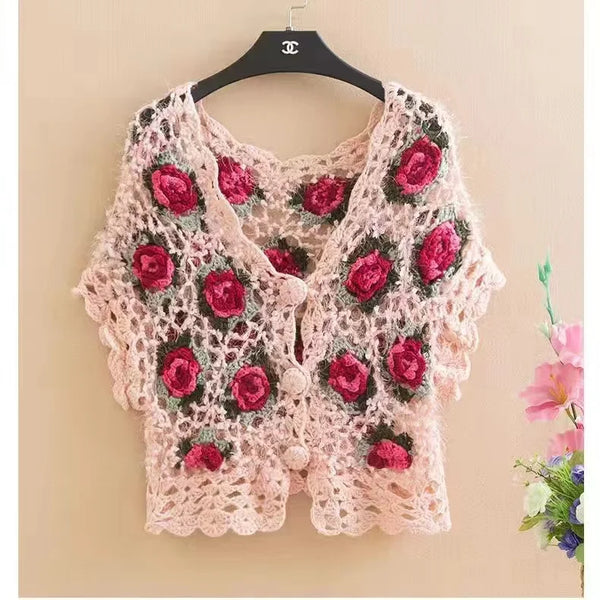 Three-Dimensional Flower Openwork Crocheted Sweater Cardigan Women's Spring And Autumn New Heavy Industry Joker Sweater 3XL Coat