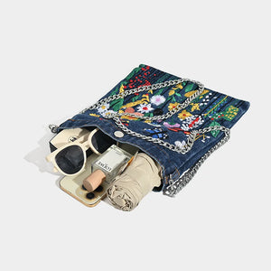 Embroidered Flowers Women Cowboy Shoulder Bag Fashion Chain Ladies Messenger Bags Denim Handbag Personality Trend Student Bag