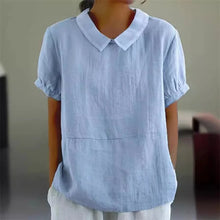 Load image into Gallery viewer, Solid Color Cotton Linen Lapel Pullover Shirt Women Summer Short Sleeve Blouse Female Comfortable Casual Simple Style Tops 2024