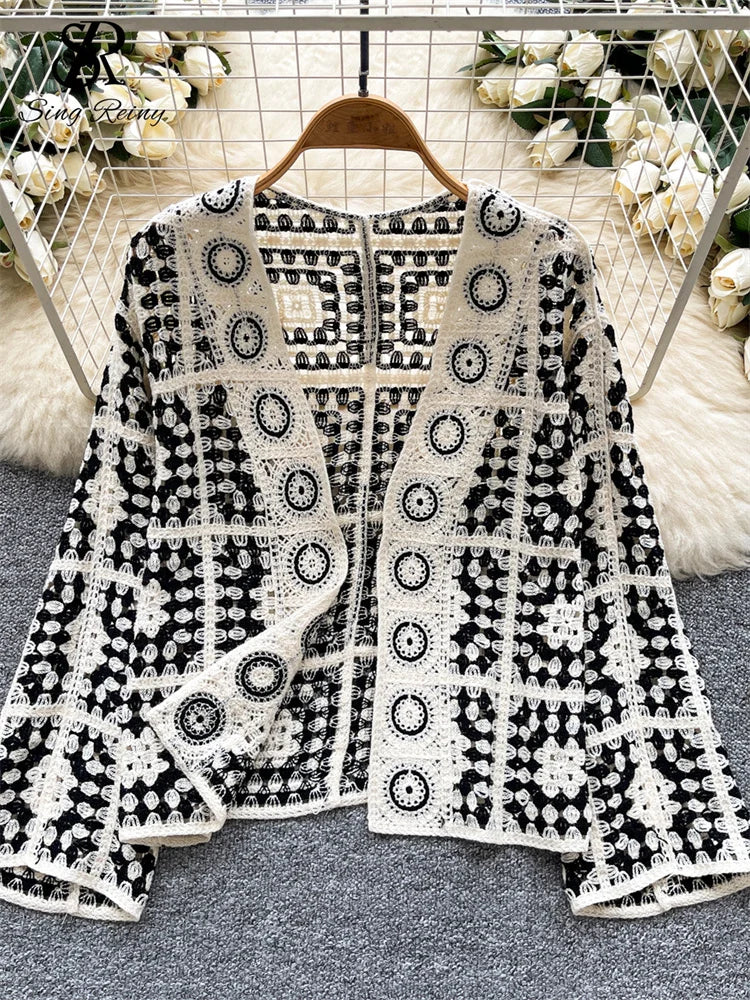 Vintage Boho Loose Plaid Cardigans Female Long Sleeves Hook Flower Hollow Tops 2025 Vacation Sunscreen Casual Shirt