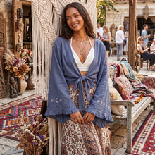 Load image into Gallery viewer, Boho Queens Women Star Moon Embroidery Ruffles Flare Sleeve Short Bohemian Kimono Vacation Beach Summer Bikini Boho Cover-ups