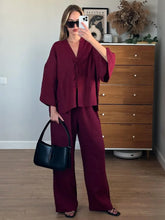 Load image into Gallery viewer, Summer Brown Cotton Linen Loose Pants Sets Fashion V-neck Lace Up Long Sleeve Shirt Suit 2025 New Women&#39;s Casual 2 Piece Outfits