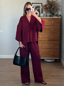Summer Brown Cotton Linen Loose Pants Sets Fashion V-neck Lace Up Long Sleeve Shirt Suit 2025 New Women's Casual 2 Piece Outfits