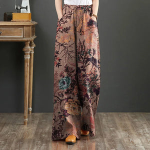 Women Vintage Floral Printed Wide Leg Pants Autumn Trousers Casual Elastic Waist Loose Palazzo Bohemian Holiday Pantalon