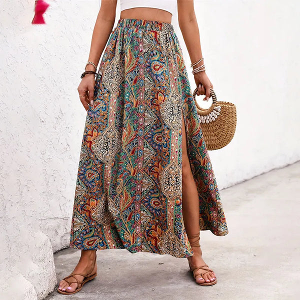 Bohemian Boho Retro Floral Print Skirts Women Indie Folk Summer High Waist A-Line Pleated Long Skirts Casual Holiday Beach Skirt