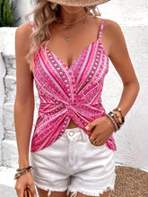 Load image into Gallery viewer, Women's sexy V-neck chain printed front twisted back camisole top, made of polyester fabric with spaghetti pattern