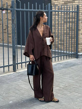 Load image into Gallery viewer, Summer Brown Cotton Linen Loose Pants Sets Fashion V-neck Lace Up Long Sleeve Shirt Suit 2025 New Women&#39;s Casual 2 Piece Outfits