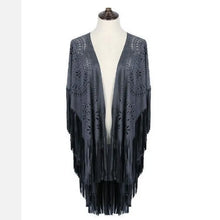 Load image into Gallery viewer, Camel Suede Floral Hollow Out Fringe Tassel Shawl Women Vintage Capes Ponchos Autumn Bohemian cardigan Cloak Boho Capes