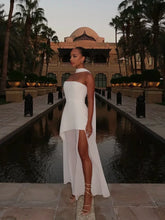 Load image into Gallery viewer, Elegant White Mesh Splicing Slim Women Strapless Dress Chic Scarf Neck Off Shoulder High Waist Long Dresses Lady Party Robes