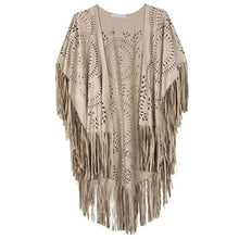 Load image into Gallery viewer, Camel Suede Floral Hollow Out Fringe Tassel Shawl Women Vintage Capes Ponchos Autumn Bohemian cardigan Cloak Boho Capes