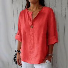 Load image into Gallery viewer, Summer Cotton Linen Blouses For Women 2025 Plus Size V-Neck Button Tee Shirts Casual Half Sleeve Black Tops Loose Women T Shirt