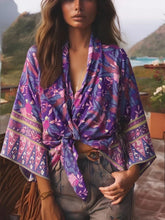 Load image into Gallery viewer, Happie Queens Floral Print Sashes Short  Kimono Women Fashion V Neck Batwing Sleeves Robe Lady Boho Bikini Cover-ups
