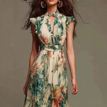 Load image into Gallery viewer, Floral Print Maxi Dress Sleeveless Ruffle Mock Neck Keyhole Front Smocked Waist Flowy Chiffon Bohemian Long Dress for Women