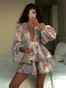 Elegant Print Ruffles Mini Dress Women Deep V Neck Long Sleeves A Line Dresses Female 2025 Spring New Fashion Fluffy Robe Lady