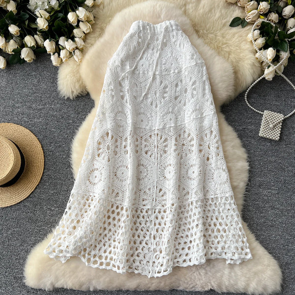 Cotton Floral Crochet Knitted Lace Skirt For Women Vintage Hollow Out Elastic Waist Skirts Summer Holiday Long  Boho Beach Falda