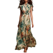 Load image into Gallery viewer, Floral Print Maxi Dress Sleeveless Ruffle Mock Neck Keyhole Front Smocked Waist Flowy Chiffon Bohemian Long Dress for Women