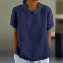 Load image into Gallery viewer, Solid Color Cotton Linen Lapel Pullover Shirt Women Summer Short Sleeve Blouse Female Comfortable Casual Simple Style Tops 2024
