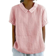Load image into Gallery viewer, Solid Color Cotton Linen Lapel Pullover Shirt Women Summer Short Sleeve Blouse Female Comfortable Casual Simple Style Tops 2024