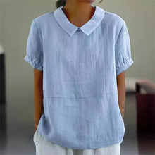 Load image into Gallery viewer, Solid Color Cotton Linen Lapel Pullover Shirt Women Summer Short Sleeve Blouse Female Comfortable Casual Simple Style Tops 2024