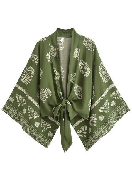 Vintage Women Fashion Boho Kimono Short Robe Swimsuits Floral Print Batwing Sleeves Bohemian Bikini Cover-Ups Beachwear