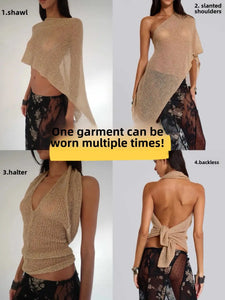 JadedLondon Gold Knitted Hollow out One Piece Top Hanging Neck Shoulder Multi-Way Holiday Style Strap Vest Polyester Fiber