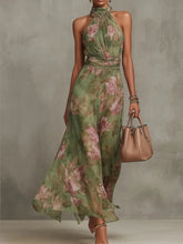 Load image into Gallery viewer, Fashion Sleeveless High Neck Ruched Waist Chiffon Flowy Evening Party Dress 2026 New Women Floral Print Halter Maxi Dress