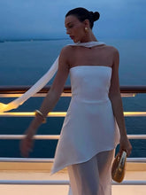 Load image into Gallery viewer, Elegant White Mesh Splicing Slim Women Strapless Dress Chic Scarf Neck Off Shoulder High Waist Long Dresses Lady Party Robes
