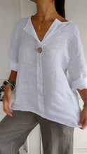 Load image into Gallery viewer, Summer Cotton Linen Blouses For Women 2025 Plus Size V-Neck Button Tee Shirts Casual Half Sleeve Black Tops Loose Women T Shirt