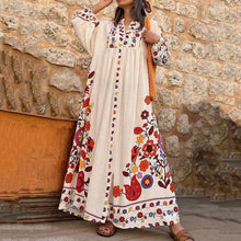 Load image into Gallery viewer, Summer V-neck Flower Print Loose Casual Fall Swing Dress Women Long Dress Long Sleeve Dress