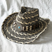 Load image into Gallery viewer, Handmade Color Matching Sun Hat Characteristic Ethnic Style Western Cowboy Straw Hat Black and White Two-color Woven Beach Hat