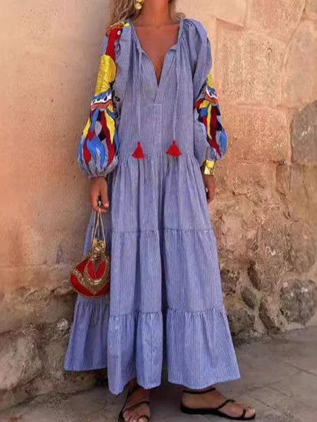 2024 Autumn Fashion New Women's Loose Long Sleeve Striped Splicing V-neck Lantern Sleeve Printed Loose Long Dress