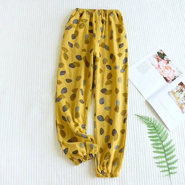 New Spring Summer Women's Pajamas 100% Cotton Crepe Pants Women's Comfortable Loose Large Leaf Home Pants Thin Bottoms