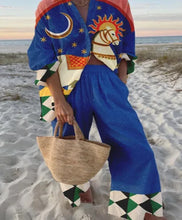 Load image into Gallery viewer, Fashion Print Beach Holiday 2-Piece Set Women Spring Summer Long Sleeve Shirt Top + Wide Legs Women's Oversized Two-Piece Outfit